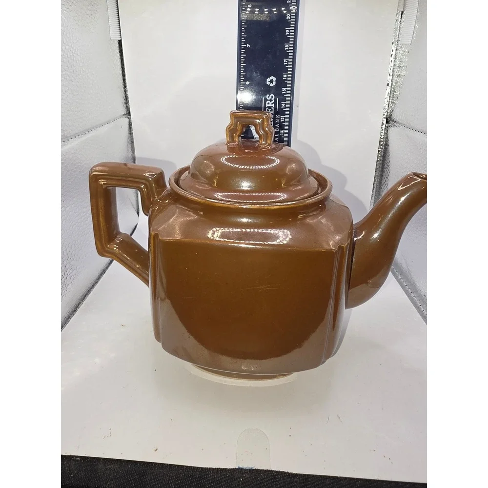 Vintage Brown Ceramic Teapot Made in Japan Art Deco Square Geometric Design